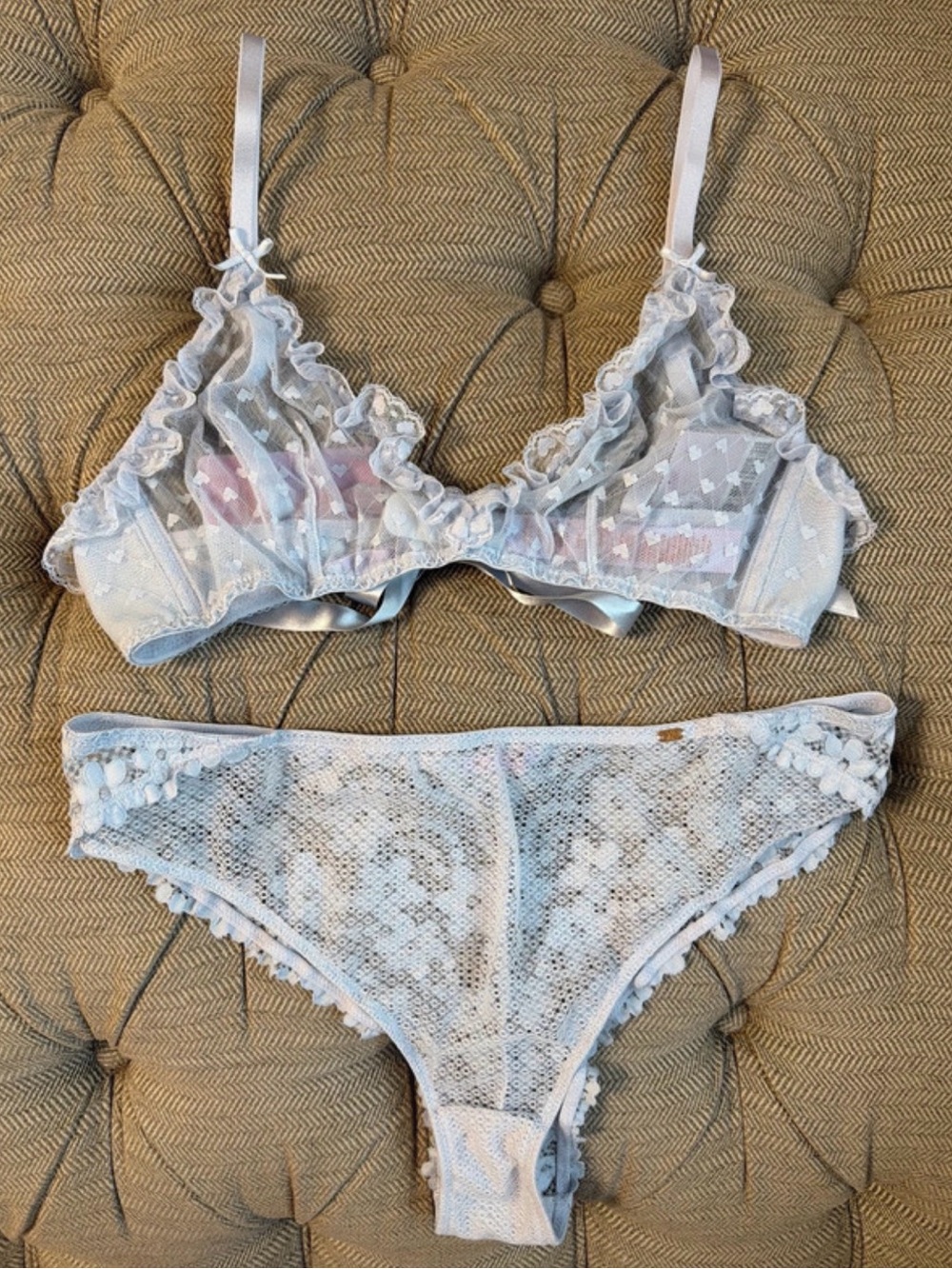 Savage X Fenty Delicate Sheer Lace Bralette & Bikini Set Light Blue New with tag